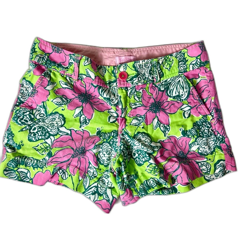 Lilly Pulitzer‎ Callahan Shorts Pink Lime Green Floral Butterfly Print Size 2